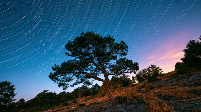 star trails in a countryside landscape