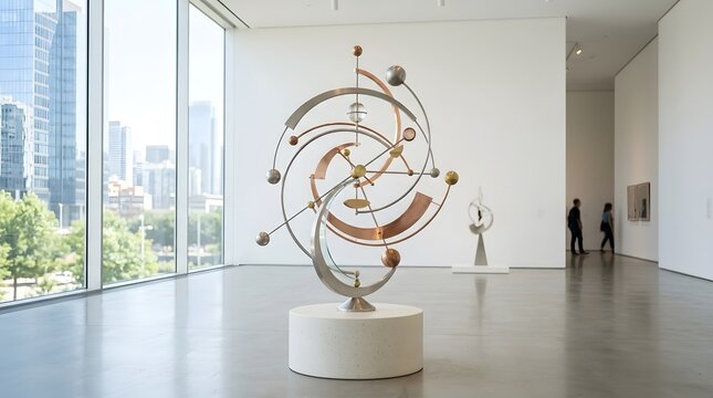 A sleek  contemporary kinetic sculpture featuring articulated metal components that move gracefully under ambient light within an abstract interior space