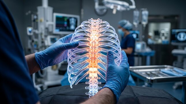 Medical surgeon holding glowing plastic human rib cage model inside hospital operating room during complex surgical.