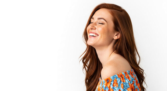 Side profile of a laughing woman with red hair and freckles, wearing a floral off-shoulder top, symbolizing joy and natural beauty