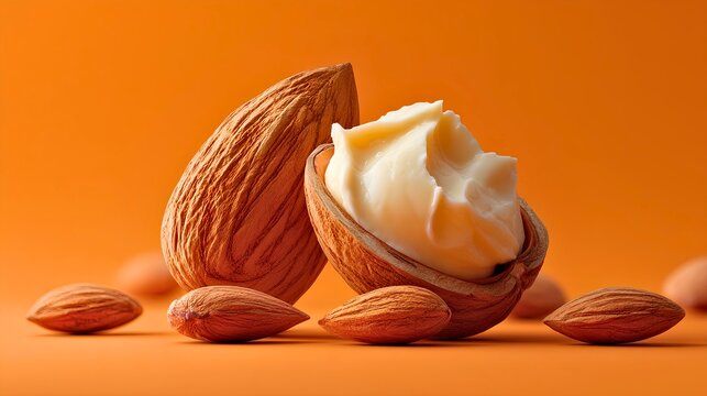 Premium almond assortment isolated on minimal vibrant orange background, detailed split almond with visible creamy interior and realistic shell texture, warm natural nut colors, 