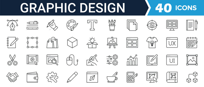 Graphic Design Icons Set, Creative Design Tools and UI UX Outline Vector Collection, vector illustration