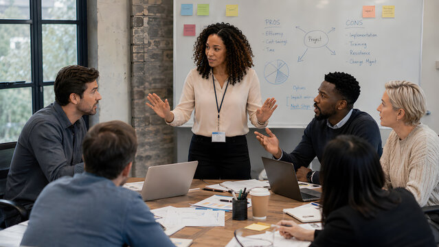 Woman skillfully facilitating team through disagreement