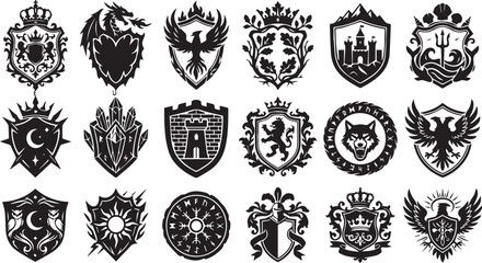 Fototapeta premium Heraldic Crest Shield Silhouette Collection, Fantasy Kingdom Royal Emblem Coat of Arms Badge Set Isolated on White Background Design