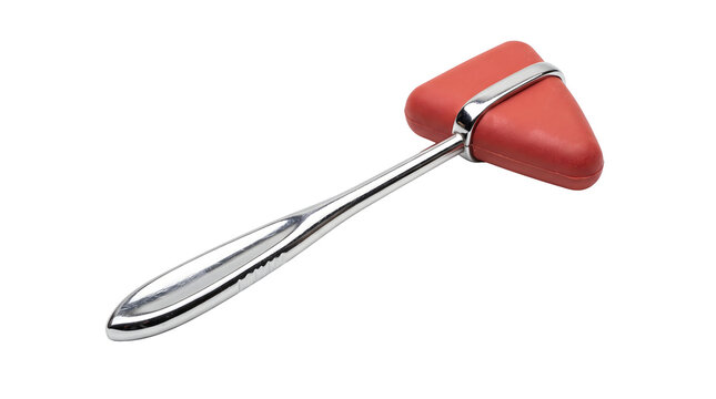 A red handled meat tenderizer sits on a white background