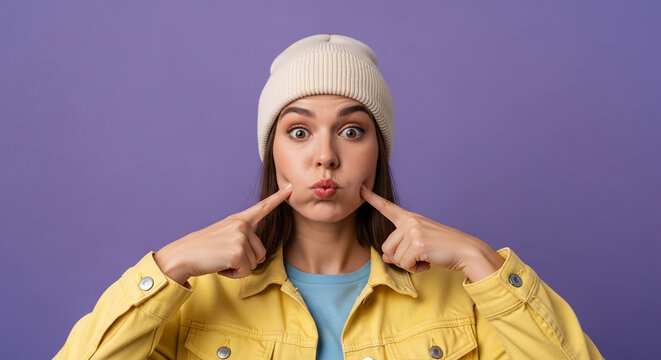 Young woman with puckered lips and wide eyes, playfully poking her cheeks, symbolizing youthful expression, fun, and playful mood.