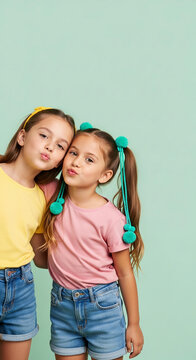 Two girls with pigtails and pom-poms lean together making kissy faces, symbolizing friendship and playful innocence