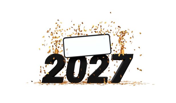 2027 New Year greeting card with black 3D numbers and gold confetti