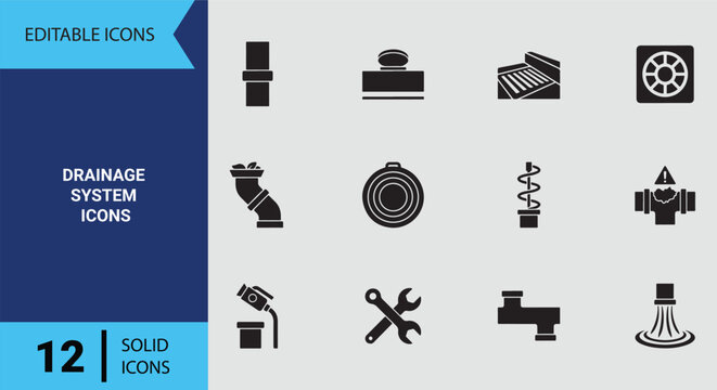 Drainage System Icons Solid Icon Set for Waste Water Management and Sewage Utility Infrastructure