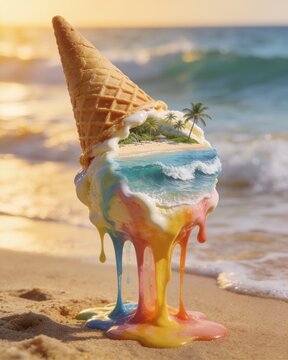 Creative double exposure concept showing a miniature tropical beach with palm trees and waves inside a melting rainbow ice cream cone on a sandy beach.