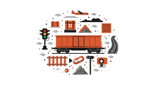Global Logistics and Freight Transportation Illustration with Cargo Train, Airplane, Shipping Containers, and Industrial Supply Chain Symbols