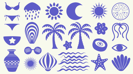 A collection of blue silhouettes depicting various beach and oceanic elements in a flat vector style ocean sea coast silhouette © Sarathi
