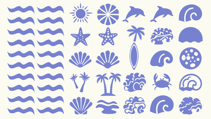 Collection Of Blue Beach Icons Featuring Waves Starfish Palm Trees And Marine Life Silhouettes aquatic coast coral crab dolphin flora © Sarathi