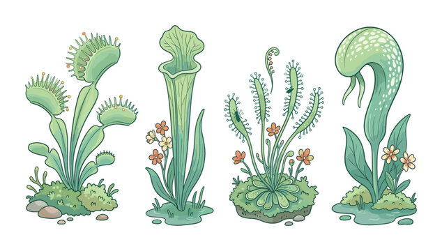 Detailed illustrations of carnivorous plants venus flytrap and pitcher plant
