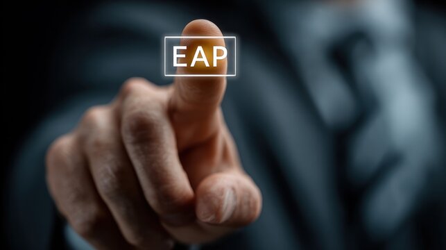 Businessman pointing to EAP button on virtual screen, highlighting important business solutions or