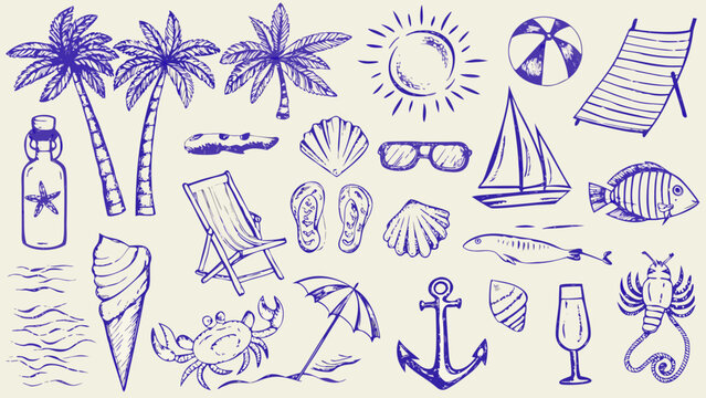 Blue toned vector illustration depicting beach themed sketches including palm trees seashells and marine life beachcombing blue toned coast coastal collection