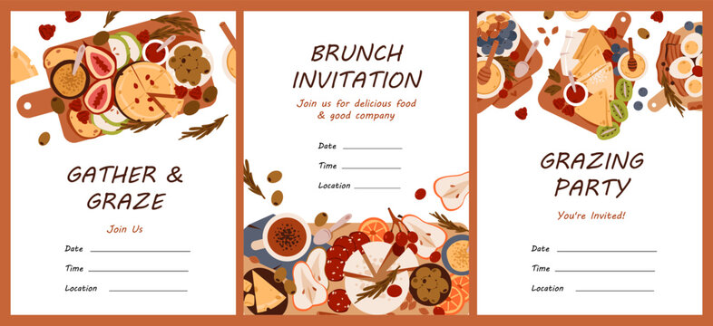 Brunch invitation template with grazing table, charcuterie, waffles, fruit, and coffee for a stylish celebration. Vector illustration designed for brunch events, cafes, catering