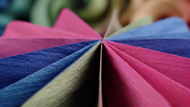 Close up of folded crepe paper in fan shape with pink, blue, and green hues