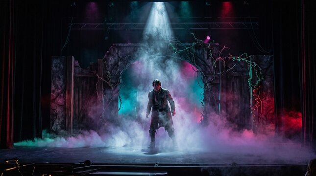 Dramatic theatrical performance in a horror-themed setting with fog and lighting