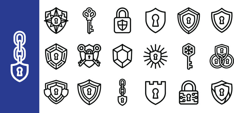 Security icons collection line art featuring padlocks keys shields and access control symbols for digital and physical protection