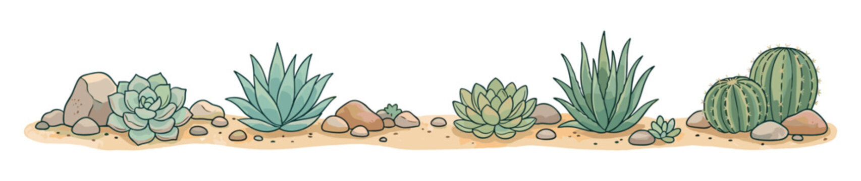 Illustration of various green succulents and cacti with desert rocks