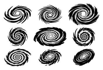 Spiral galaxy set with nebula shapes and cosmic vortexes in engraving style © Kumamoto