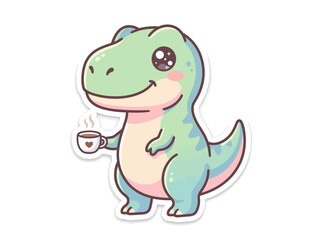 Fototapeta premium Cute Little Dinosaur Cartoon Character Holding A Warm Cup Of Hot Coffee Vector Graphic