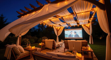 Fototapeta premium Enchanting Outdoor Cinema Under Twinkling Lights And Drape Canopy