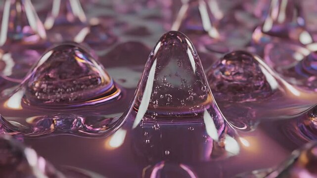 Close up view of iridescent liquid droplets forming spikes on a surface