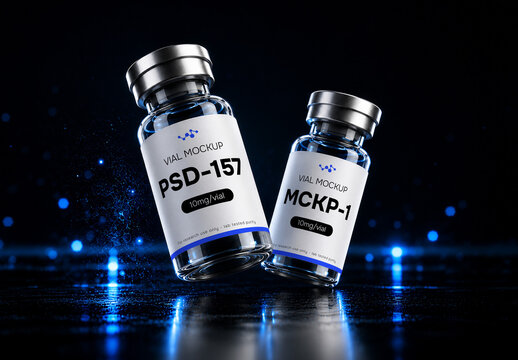 Two floating peptide or pharmaceutical vials mockup