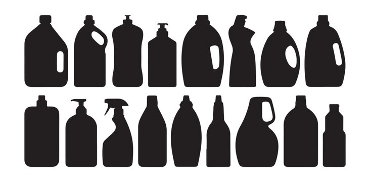 Household chemical plastic bottles silhouettes for cleaning.
