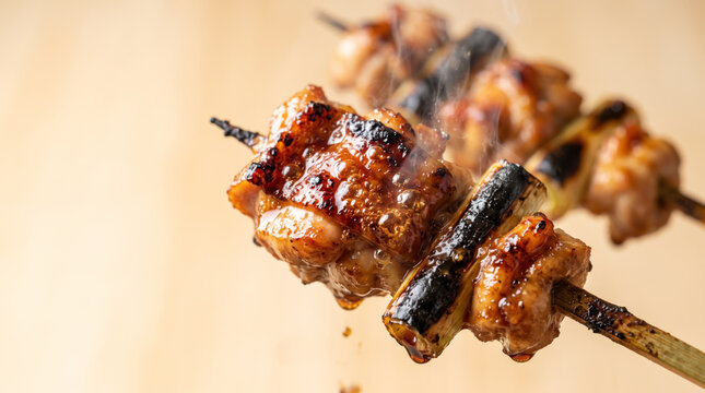 焼きたての香ばしい焼き鳥　タレの掛かったねぎま　シズル感