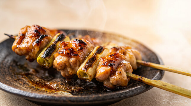 皿に盛られた香ばしい焼き鳥　タレの掛かったねぎまなどのやきとり