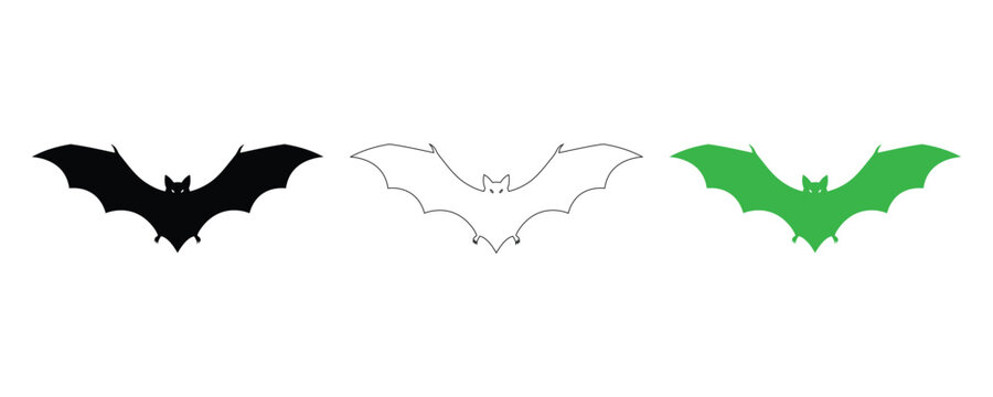 Three bat silhouettes black outline and green halloween decorations and vector graphics
