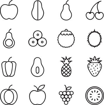 Fresh Fruits Outline Icons Bundle, Minimal Line Art Organic Fruit Vector Collection