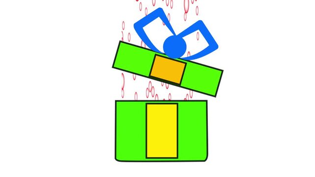 Gift box illustrated in green and yellow with a blue bow sits slightly open on a white background, suggesting a festive holiday celebration or a surprise birthday present for a joyous family event.