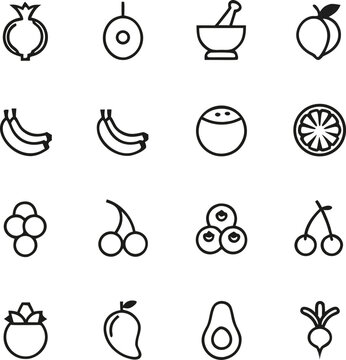 Hand Drawn Fruits and Healthy Food Line Icons Bundle, Minimal Outline Organic Fruit Vector Set