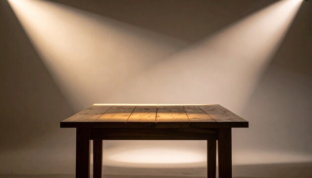 Empty wooden table illuminated by dramatic spotlights in studio.