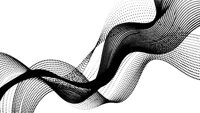 Monochrome halftone dotted illustration, abstract dynamic wave, ribbon pattern. Curved line with halftone effect, flud design. Vector minimalist background.