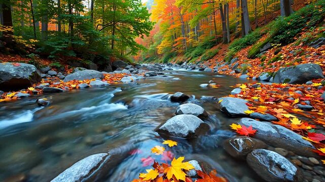 Autumn forest stream with fallen leaves