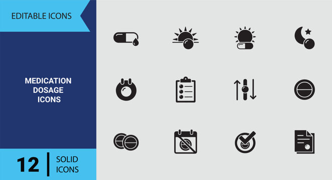 Medication Dosage Icons Solid Icon Set for Prescribed Pharmacy Measures and Correct Pill Consumption