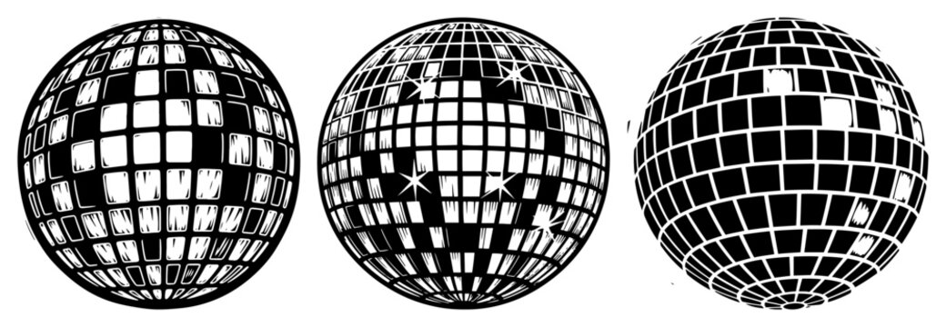 Disco mirror balls for party and dance floor in woodcut style