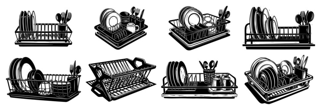 Kitchen dish racks with plates and utensils collection in woodcut style