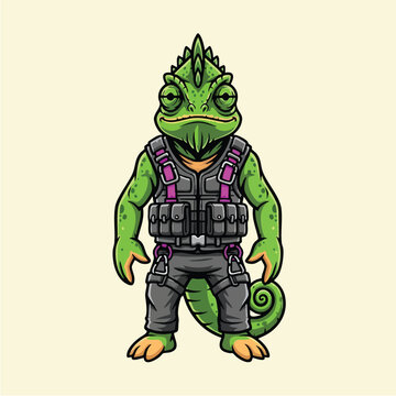 Green lizard in tactical gear standing