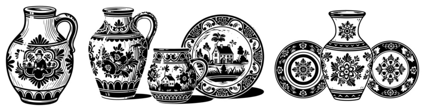 Decorative ceramic pottery jugs and plates with floral folk patterns in engraving style