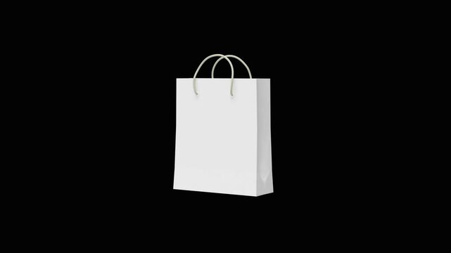 Blank white paper shopping bag slowly rotating on a black background, showing both sides and rope handles in a clean minimal 3D render, 3D animation