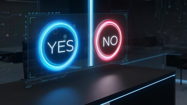 Futuristic digital interface with glowing yes and no buttons for decision making and technology concepts