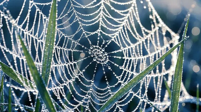 Close-up of a dew-covered spiderweb with blades of grass