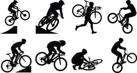 Obraz premium Cyclist action poses and bicycle riding silhouette vector set