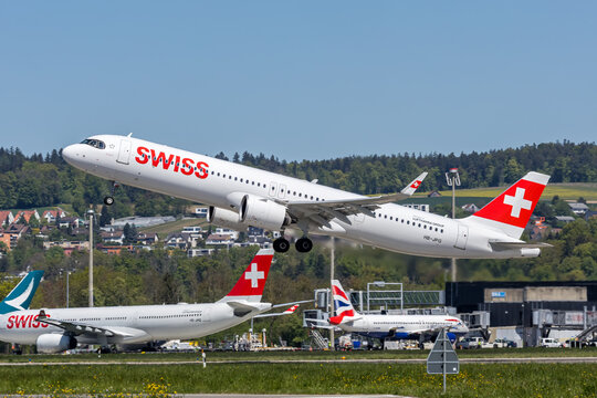 Swiss Airbus A321neo airplane at Zurich airport in Switzerland